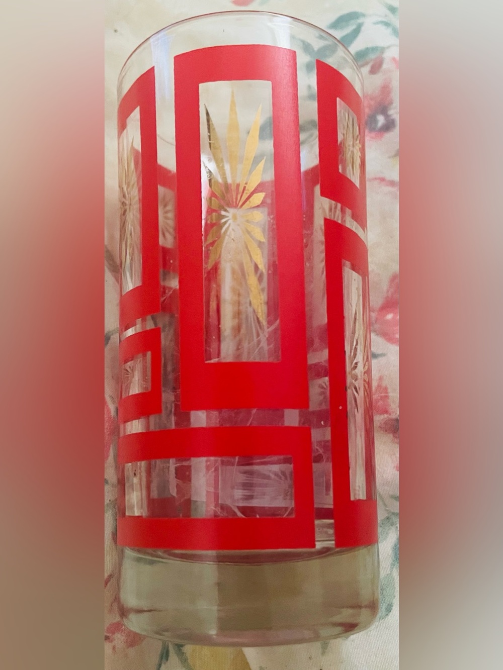 Vintage Mid Century Modern Jeanette Red Geometric Glass Tumbler Gold Starburst